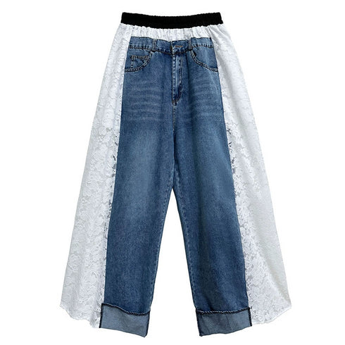 Lace Contrast Wide Denim Pants